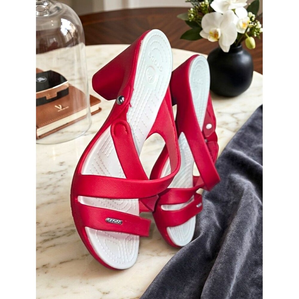Crocs Women’s Red/White Slip On Slide Sandals Synthetic Upper Logo Sz US 9 M